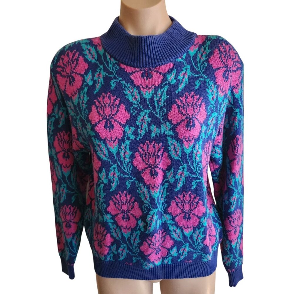 Vintage Nordstrom Iris Floral Print Ski Knit Sweater Purple and Teal Size XS